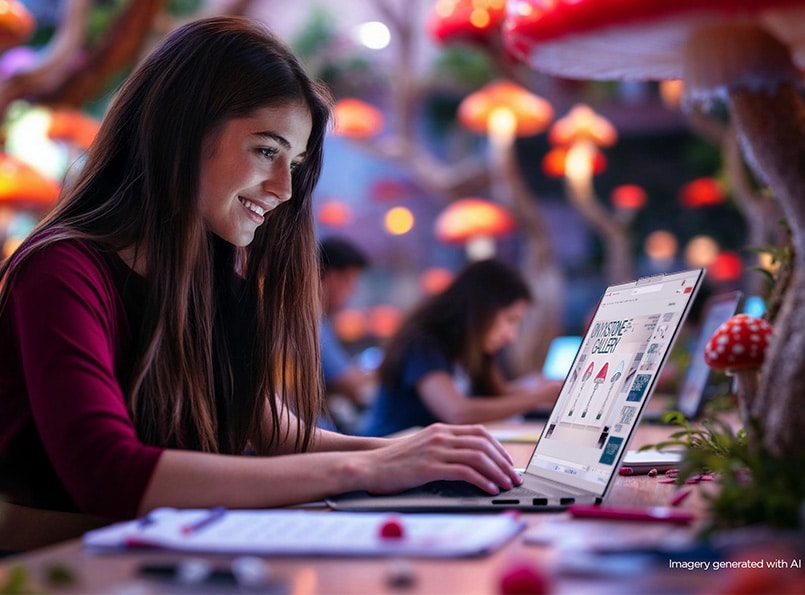 A young woman surrounded by mushrooms in a lecture hall types on an IdeaPad Pro 5i laptop.