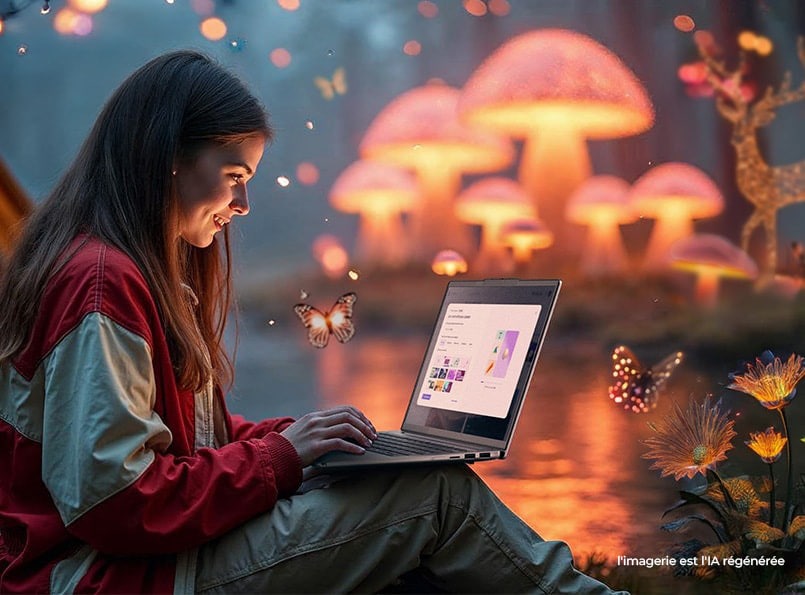 A seated young woman types on an IdeaPad Slim 5 laptop in a landscape filled with butterflies and glowing mushrooms.