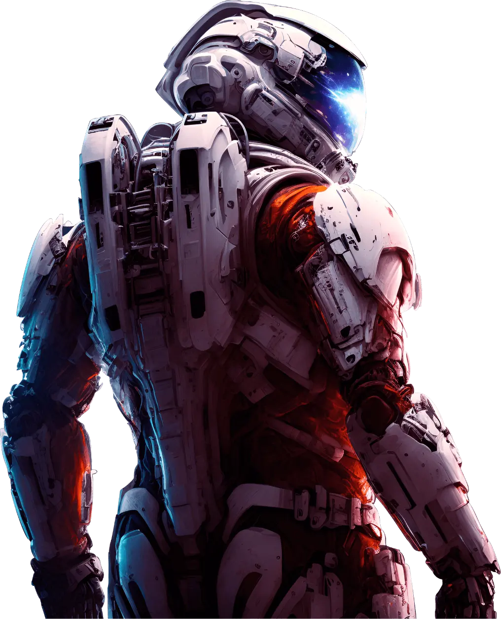A figure in a space suit, seen from behind, gazes ahead.
