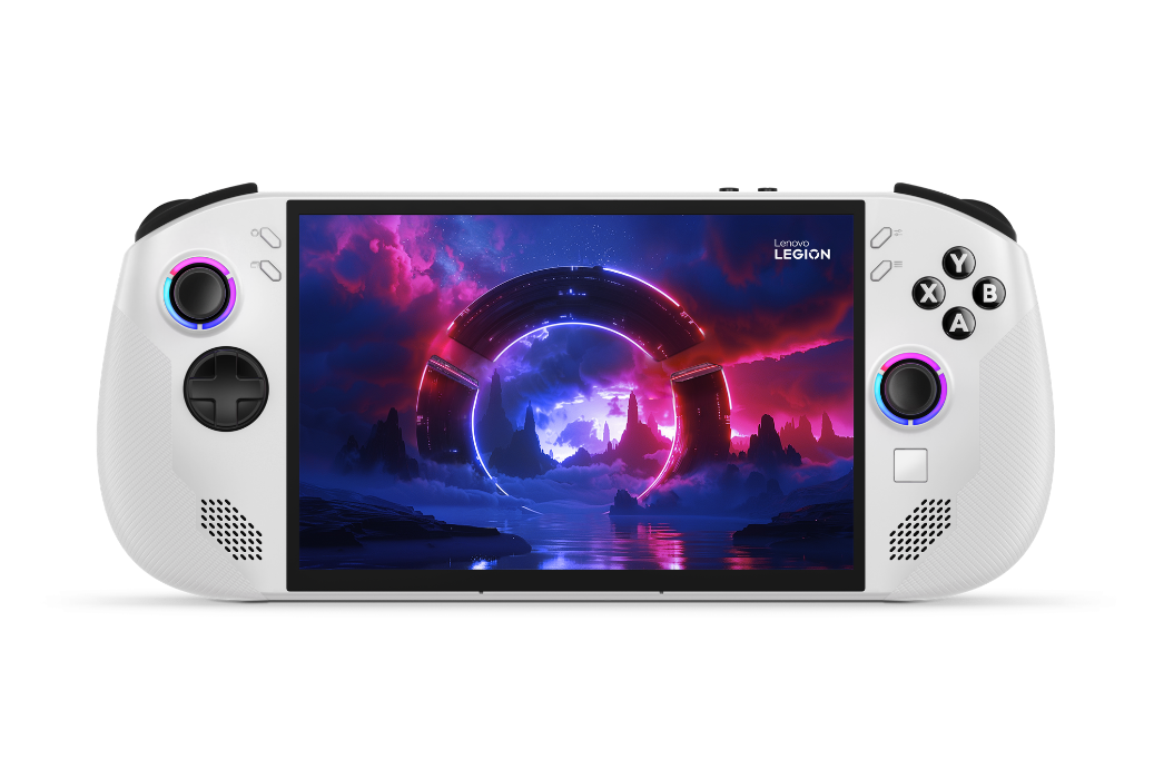 Front view of Lenovo Legion Go gaming handheld displaying a sci-fi game on its screen.