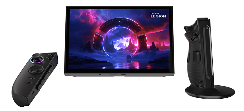 Un appareil de jeux portable Lenovo Legion Go Gen 2 (8,8 po) - vue avant, avec un remplissage d’écran avec logo Lenovo Legion sur l’écran et les deux manettes Truestrike séparées, celle de droite branchée dans une base pour le mode FPS.