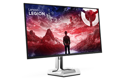 Ігровий монітор Lenovo Legion Pro 27UD-10 – вигляд ліворуч спереду, на дисплеї логотип Lenovo Legion.