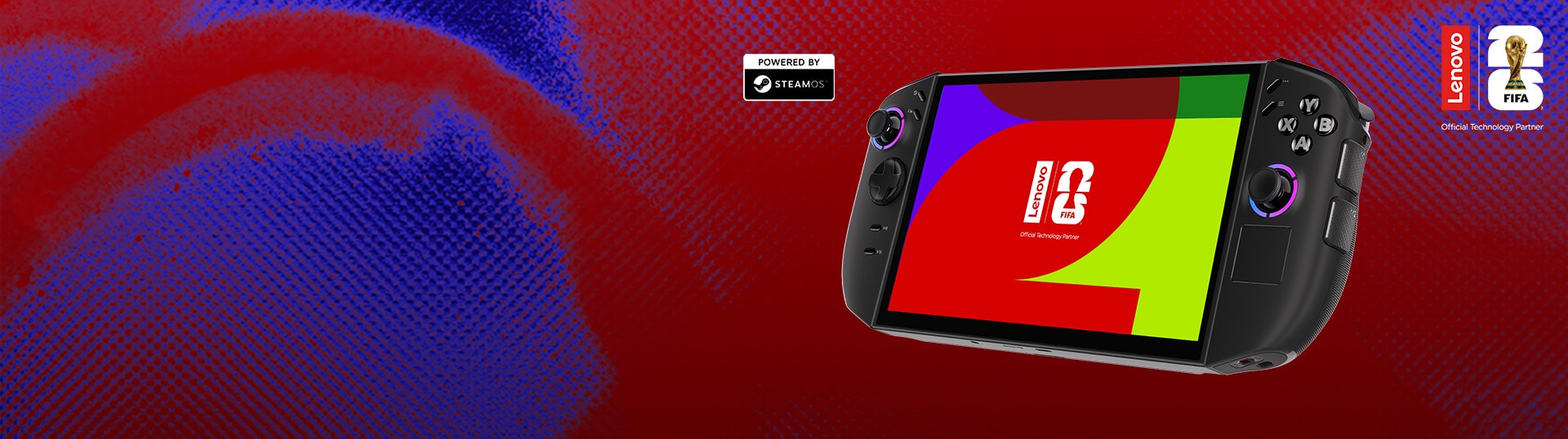 Портативное игровое устройство Lenovo Legion с надписью «Powered by SteamOS»; на экране — логотип Lenovo FIFA.