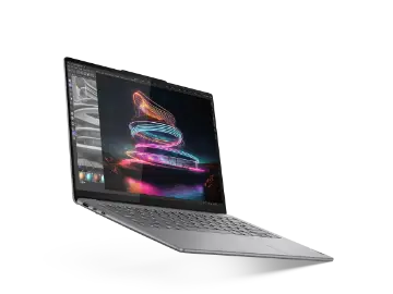 Left angle view of the Lenovo Yoga Pro 7i Gen 9 (14” Intel) with a swirling light design on the display