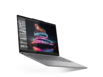 Vue en angle gauche du Lenovo Yoga Pro 7i Gen 9 (Intel 14 po) avec des lumières pivotantes sur l’écran