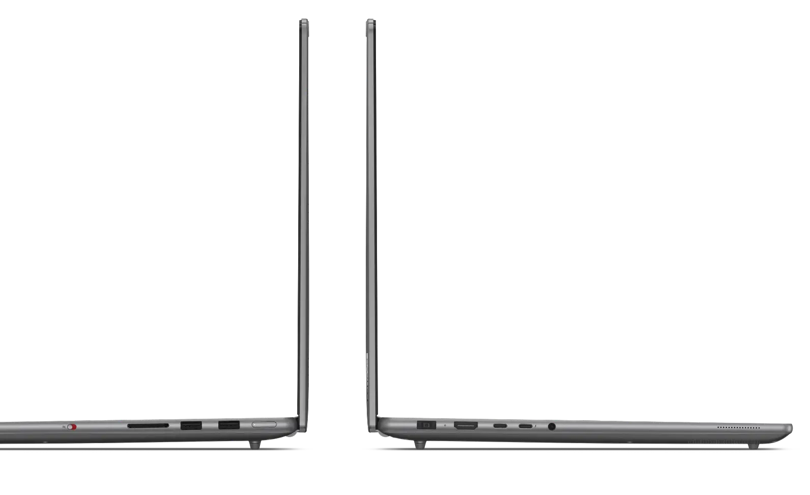 Left and right profile views of the Lenovo Yoga Pro 9i Gen 9 (16” Intel), opened 90 degrees and showing ports and connectors