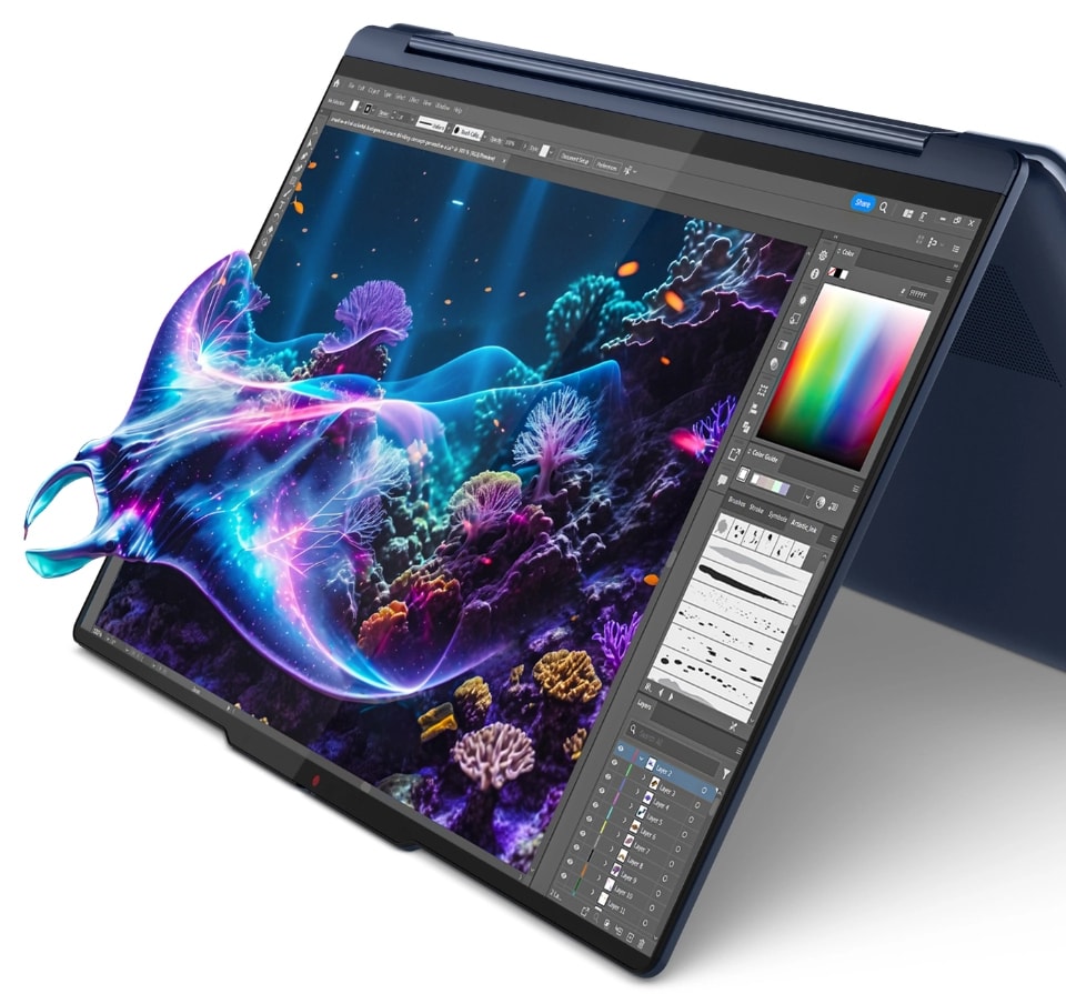 A Lenovo Yoga 2-in-1 with an aquatic creature emerging from the display