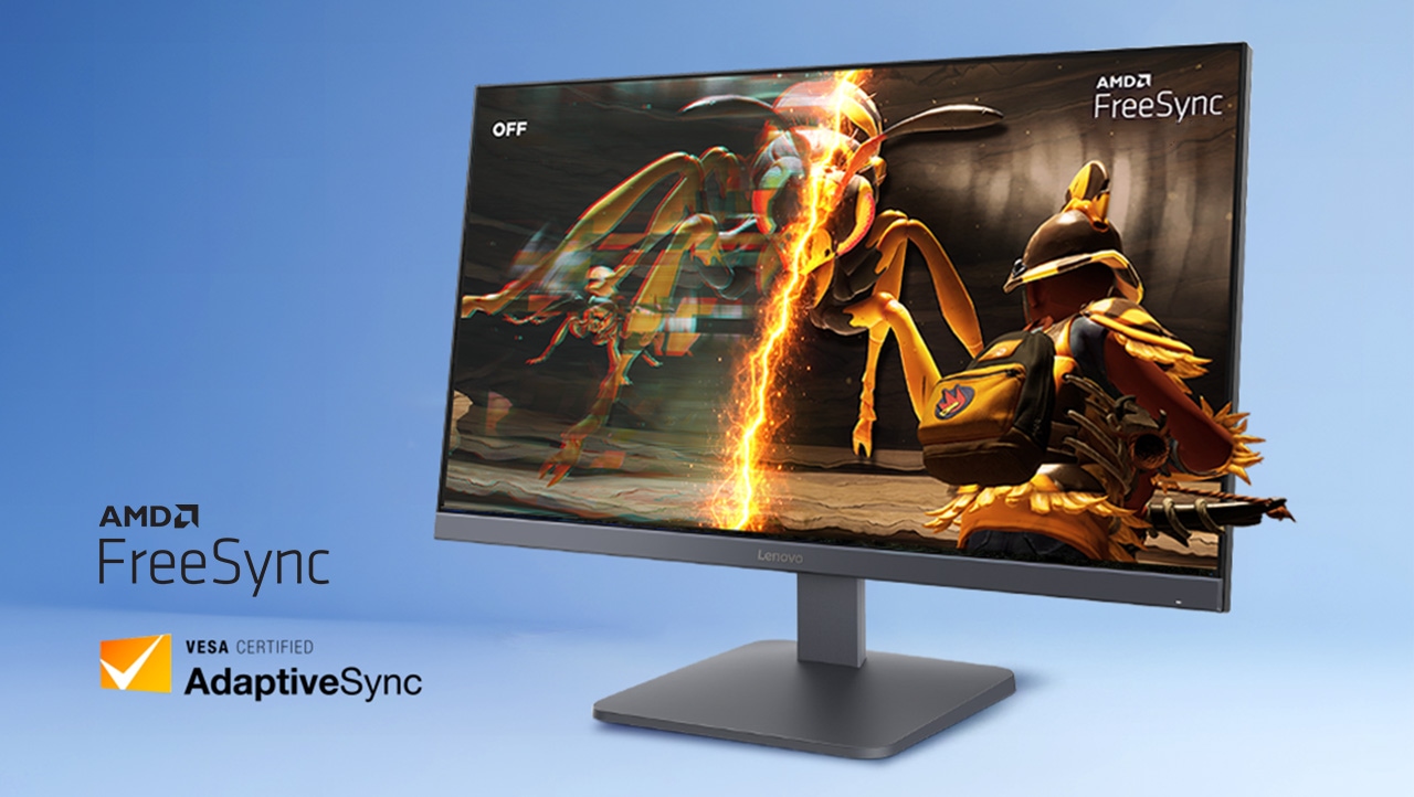 A LOQ monitor displays a split gaming scene comparing choppy visuals with smooth performance using AMD FreeSync.