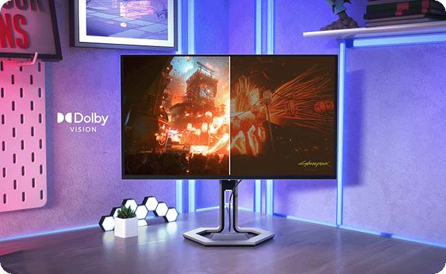 Lifestyle picture showing a monitor displaying a high-contrast shooting game scene that vividly demonstrates its rich detail, true-to-life image reproduction, and outstanding contrast performance. מסך מחשב גיימינג 26.5 Legion Pro 27UD-10 מבית Lenovo