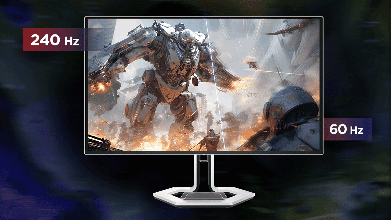 Monitor with a video game screen-fill picture compare the different between 240 Hz and 60 Hz refresh rate. מסך מחשב גיימינג 26.5 Legion Pro 27UD-10 מבית Lenovo