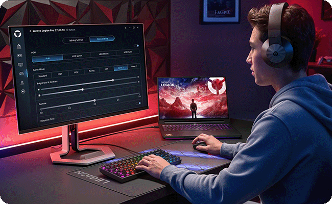 A lifestyle picture shows a man using the monitor with Legion Space software, which helps create an intelligent gaming ecosystem. מסך מחשב גיימינג 26.5 Legion Pro 27UD-10 מבית Lenovo
