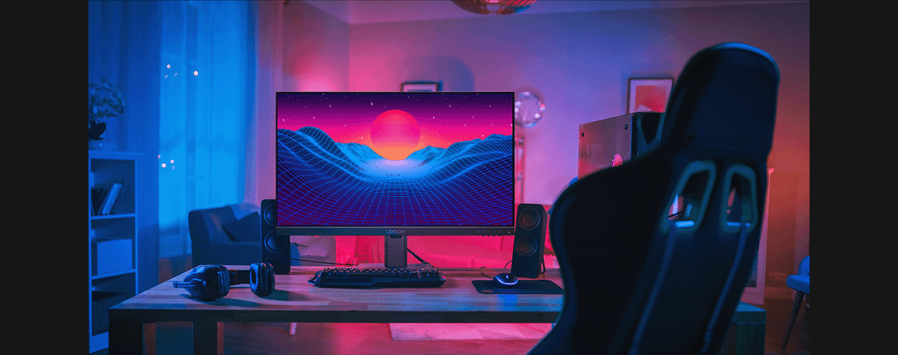 A lifestyle picture with the monitor on a gaming room. מסך מחשב גיימינג Legion 24-10 מבית Lenovo