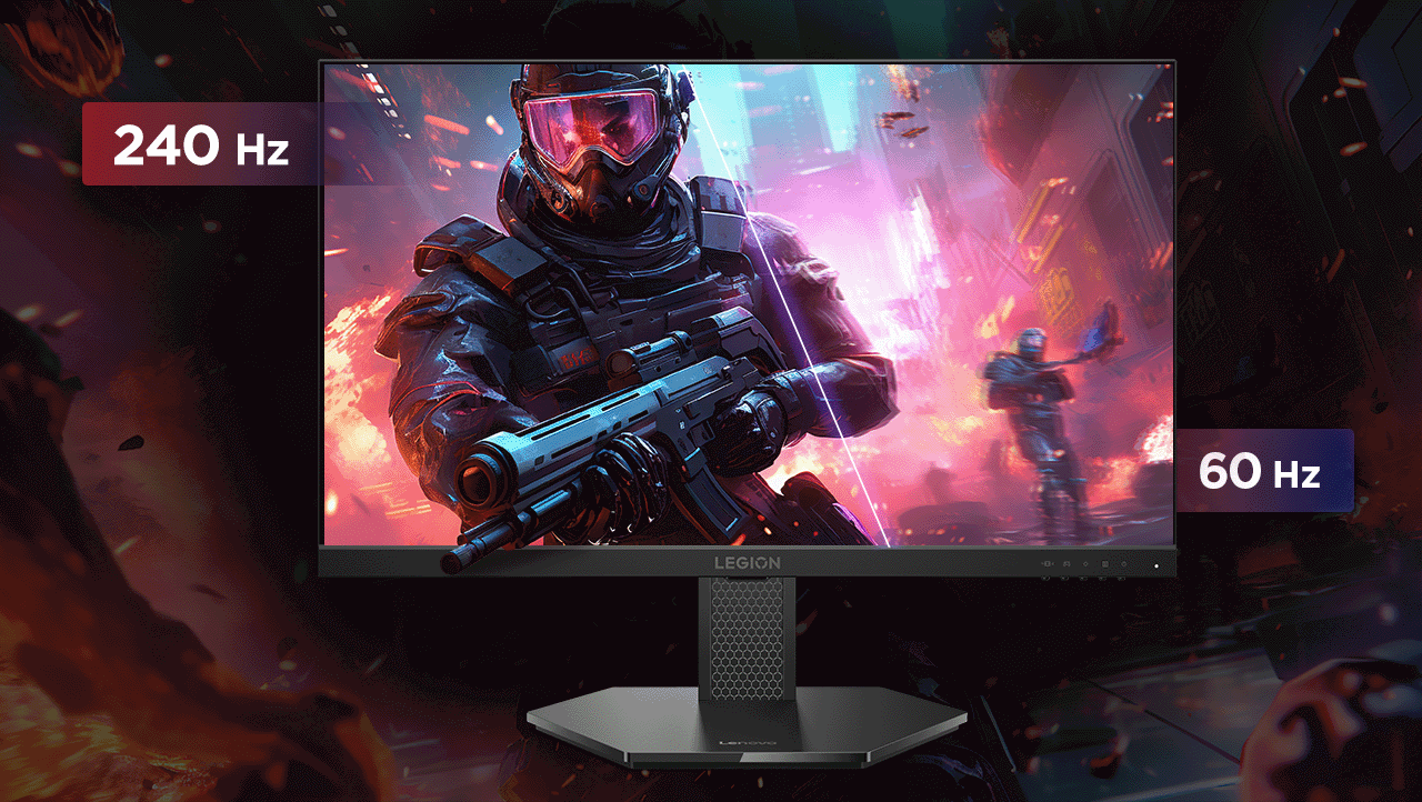 Monitor with a shooting game screen-fill picture compare the different between 240 Hz and 60 Hz refresh rate. מסך מחשב גיימינג Legion 24-10 מבית Lenovo