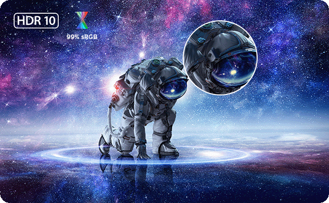 The images shows an astronaut in the colorful galaxy, presents the monitor has HDR 10 certified screen with its 99% sRGB color space coverage.