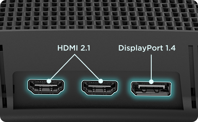Legion 34W-2c monitor rear panel ports showing HDMI 2.1 and DisplayPort 1.4 connectivity options.