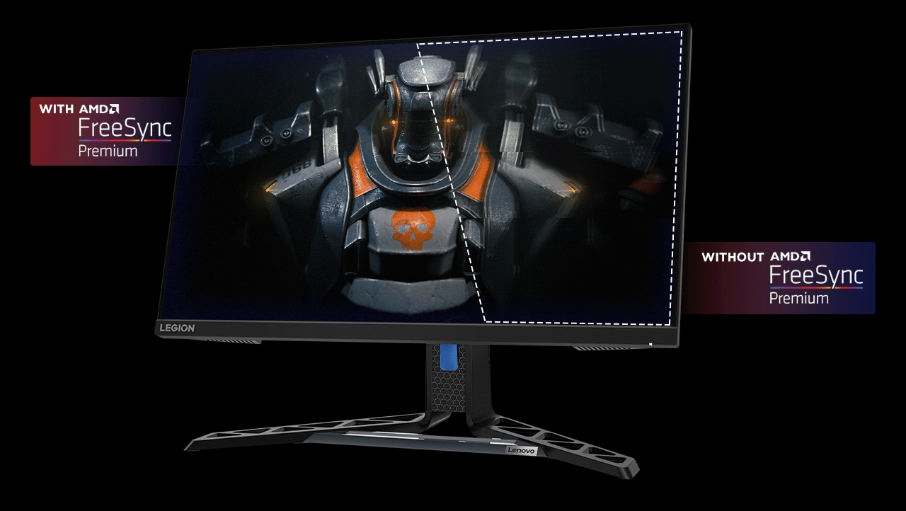A three-quarters view of the monitor with a clear, screen-filling image demonstrates smooth display performance without screen tearing, due to AMD FreeSync™ Premium.