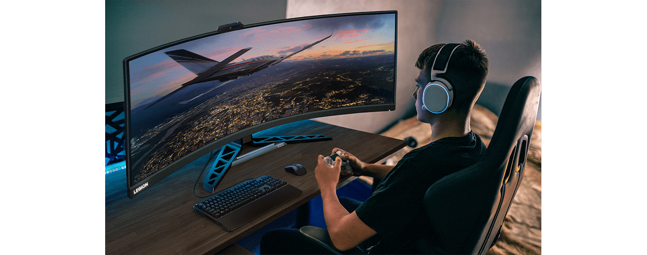 Lifestyle picture shows a man is relaxing and playing game on Legion-R45w-30.