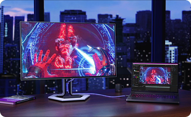 Lifestyle picture shows the versatile connectivity of the Legion-pro27q-10 monitor. מסך מחשב גיימינג Legion Pro 27Q-10&nbsp;מבית&nbsp;Lenovo