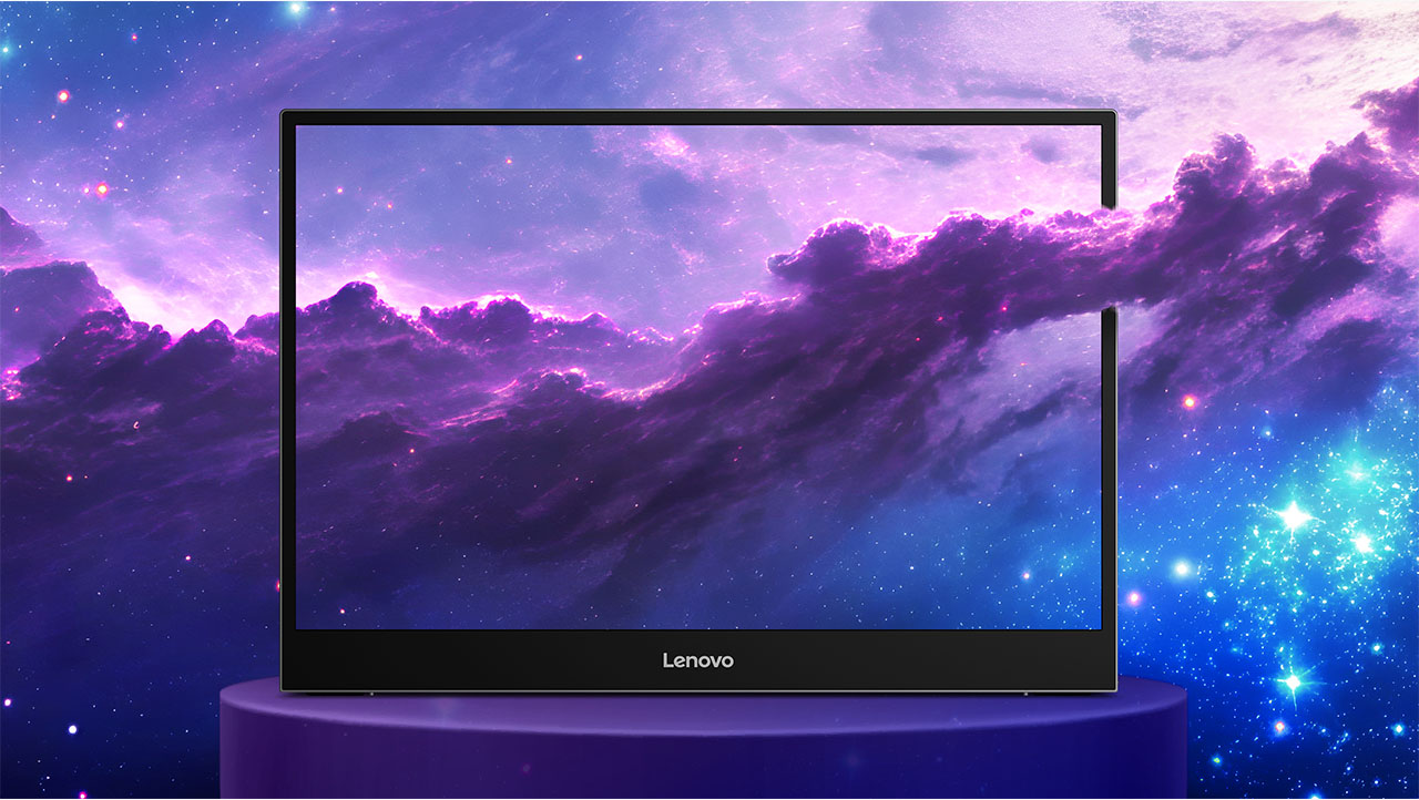 A Lenovo monitor is displayed on a circular platform with a cosmic, star-filled purple and blue background visible through and around the screen.