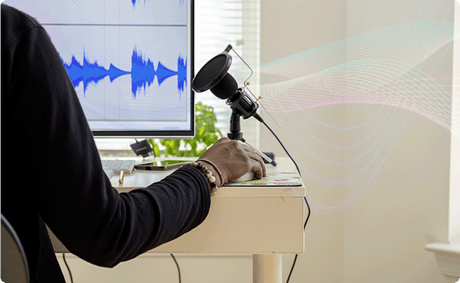 A person working at a desk with the L27-4c monitor, featuring integrated dual 3W speakers and a microphone for seamless communication.