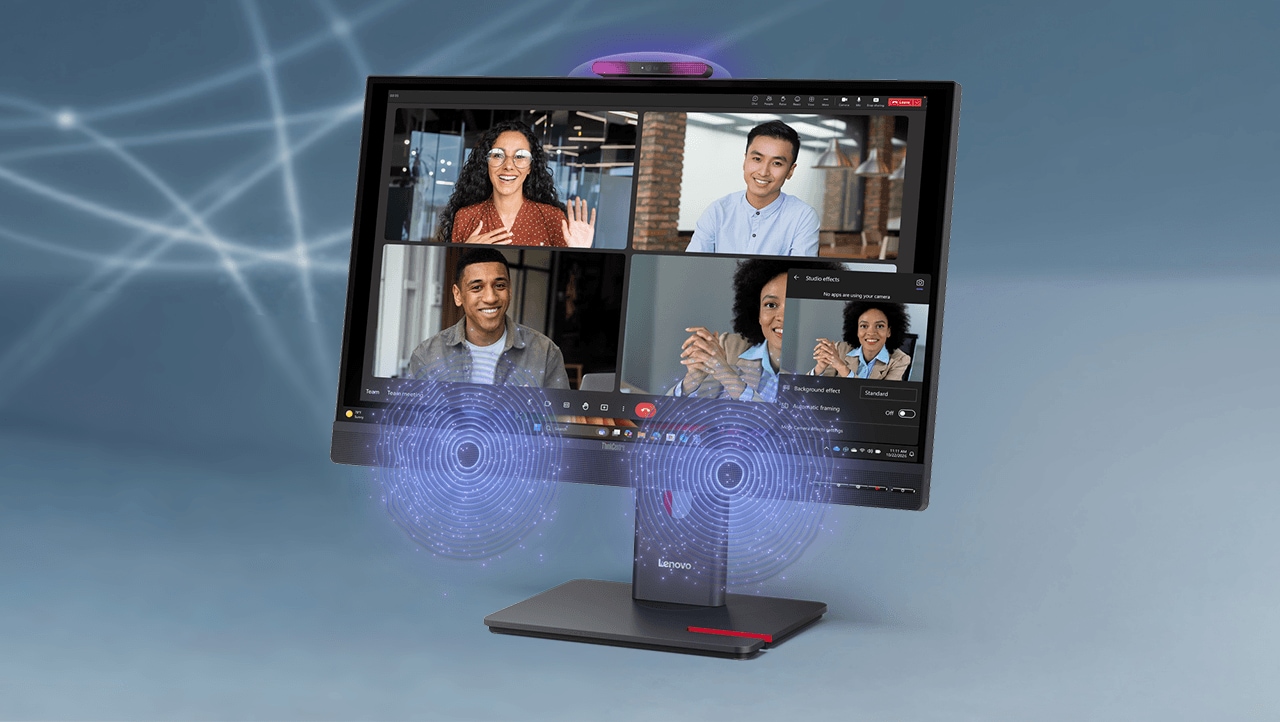 ThinkCentre TIO27 Gen6 monitor displaying a four-person video conference, highlighting integrated webcam and speaker features for virtual meetings.