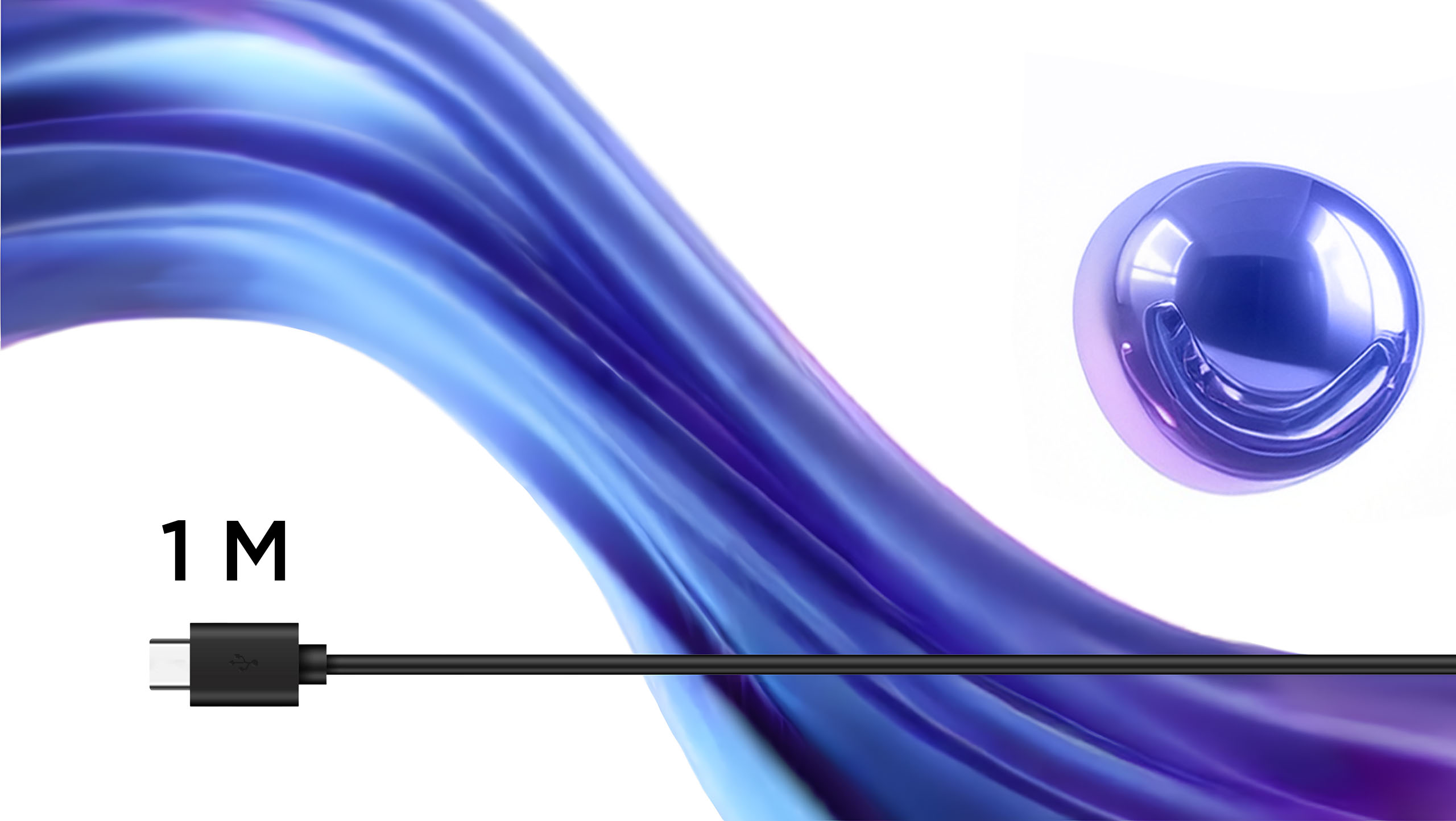 A monitor displays a purple-hued landscape with cliffs. Surrounding it are swirling purple and blue ribbons and a glossy blue sphere, conveying a futuristic vibe.