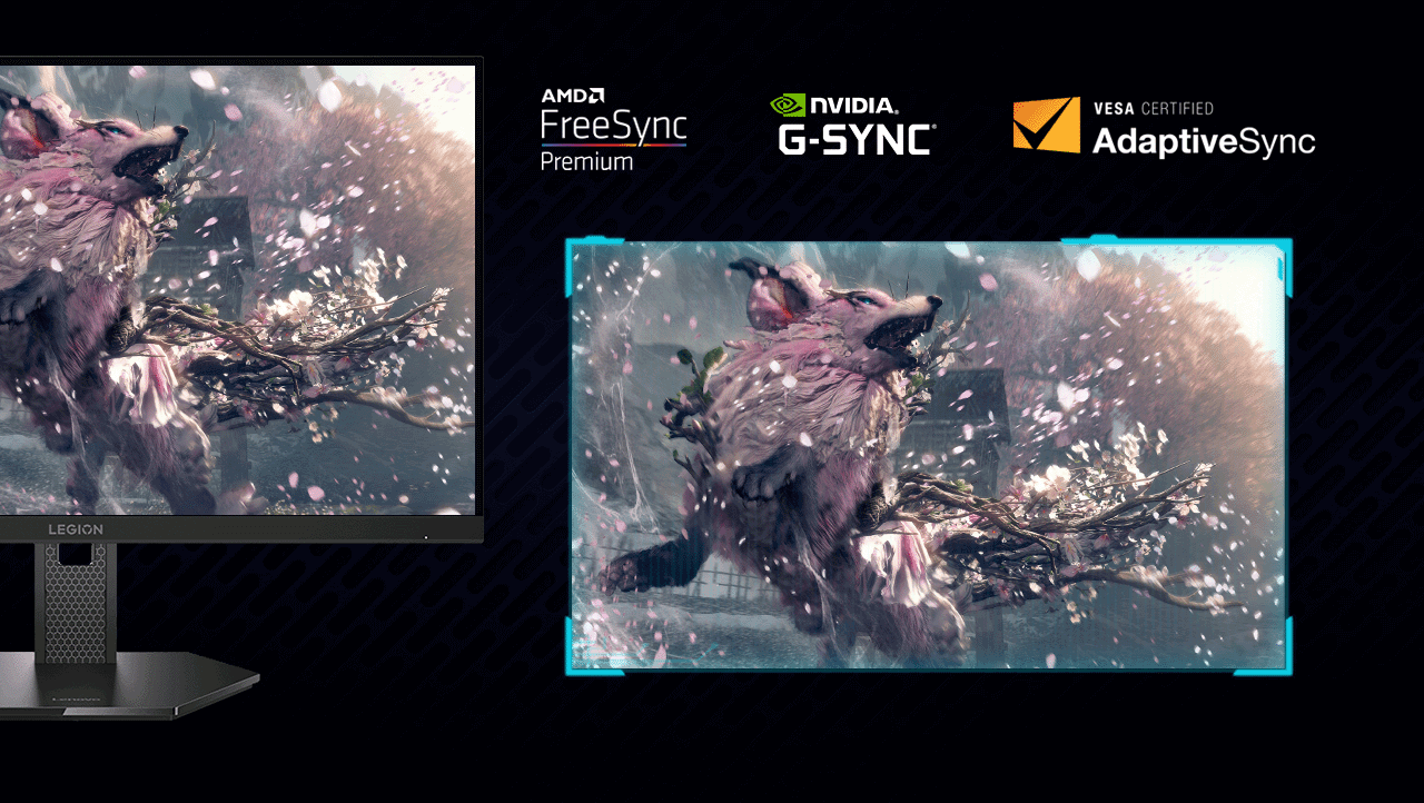 A sleek legion-27q-11 gaming monitor featuring a striking wolf design, emphasizing high-resolution visuals and dynamic gaming experience. מסך מחשב גיימינג Legion 27Q-11 מבית Lenovo