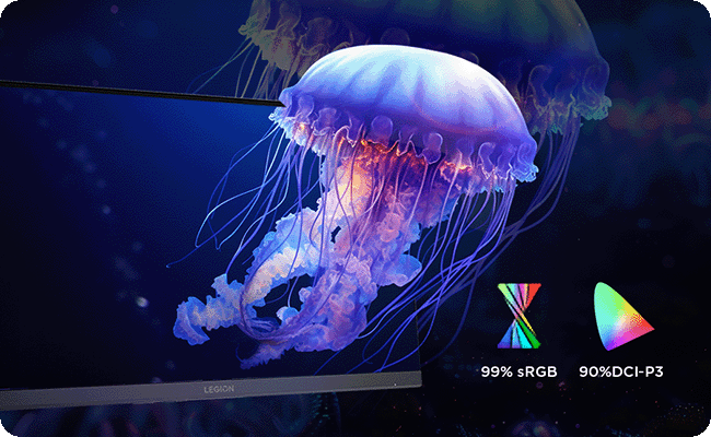 A vivid jellyfish floats out of the monitor screen, surrounded by a vibrant blue and purple background. מסך מחשב גיימינג Legion 27QD-10 מבית Lenovo