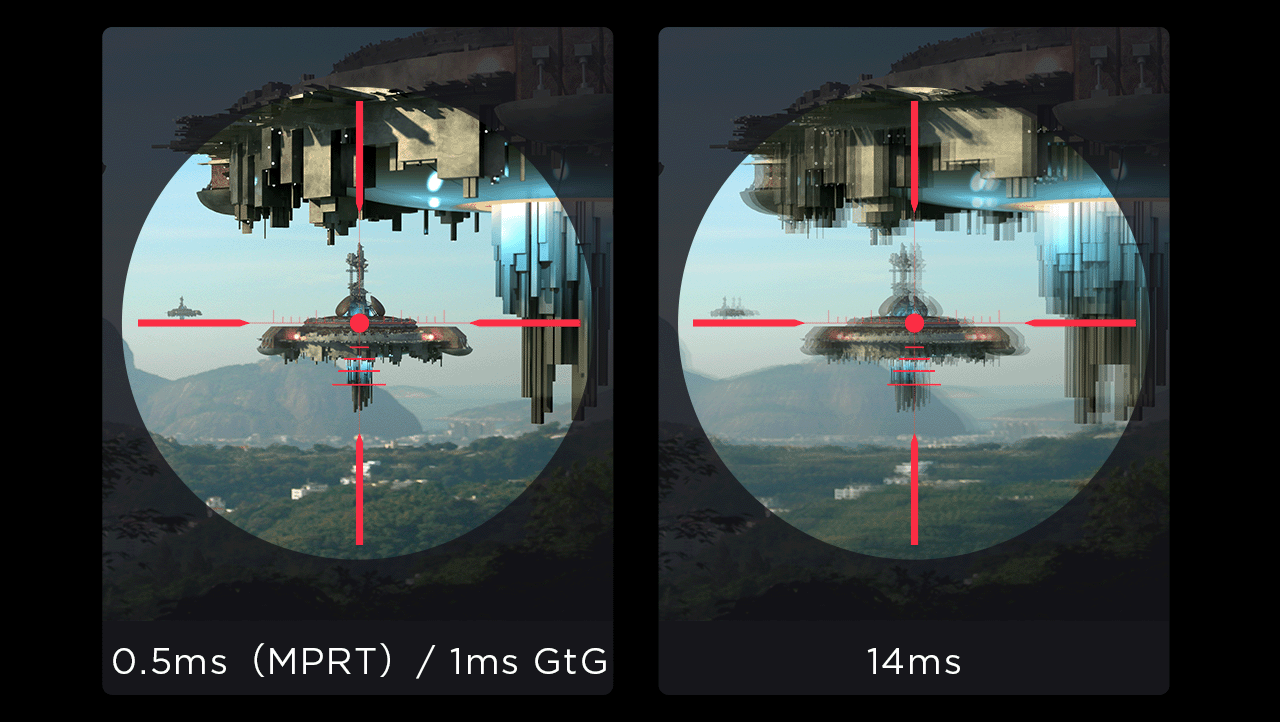 A shooting game screen-fill picture compare the different between 0.5ms MPRT (1ms GtG) response time and 14ms response time. מסך מחשב גיימינג Legion 27QD-10 מבית Lenovo