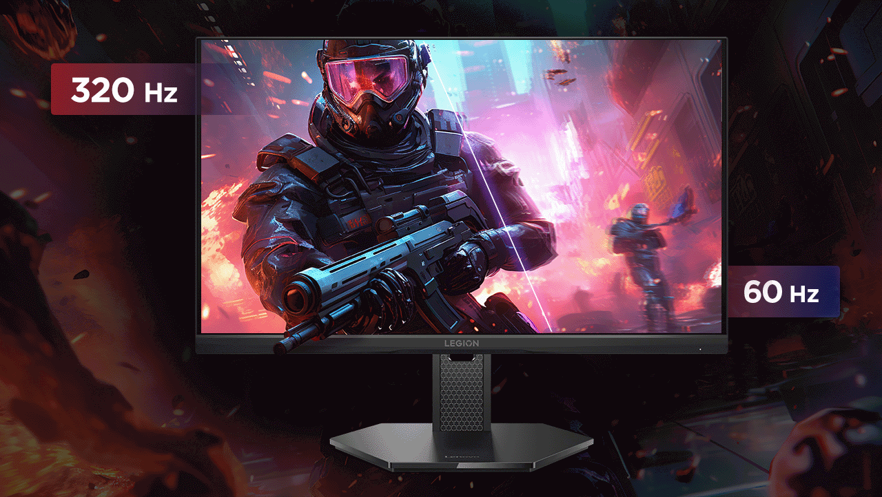 Monitor with a shooting game screen-fill picture compare the different between 320 Hz and 60 Hz refresh rate. מסך מחשב גיימינג Legion 25-10 מבית Lenovo