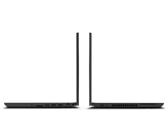 Zwei mit der Rückseite zueinander gestellte mobile Workstations Lenovo ThinkPad T15p Gen 2 im Profil mit Ansicht der linken und rechten Anschlüsse.