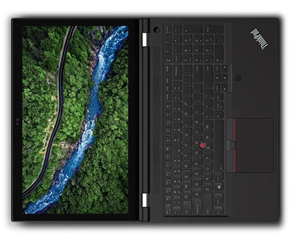 Overhead shot of the Lenovo ThinkPad P15 Gen 2 laptop open 180 degrees, positioned horizontally, with river and trees shown on screen.