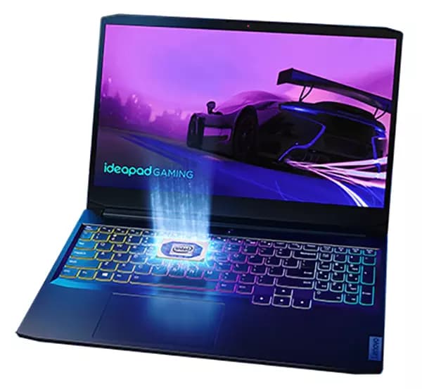 Laptop Lenovo IdeaPad Gaming 3i Gen 6 (Intel de 15 ”): vista frontal con la tapa abierta e imagen del auto de carreras en la pantalla, además del logotipo de Intel superpuesto sobre el teclado