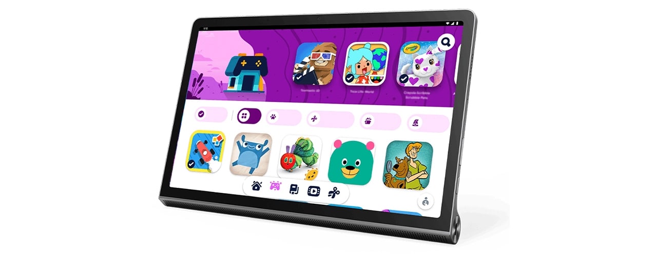 Vue avant de la tablette Lenovo Yoga Tab 11 avec écran d’accueil Google Kids Space sur l’écran