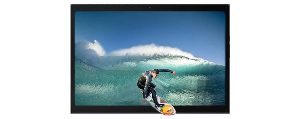 Yoga Duet 7i Gen 6 (13″ Intel) Slate Grey, screen on with man surfing