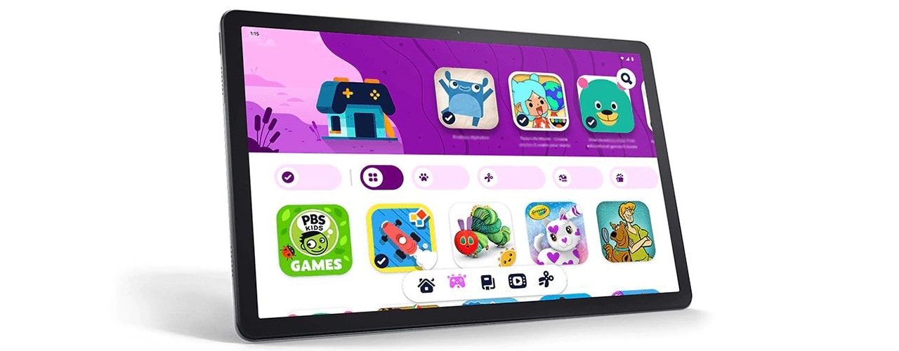 Tableta Lenovo Tab P11 Plus: vista frontal con el menú Google Kids Space en la pantalla