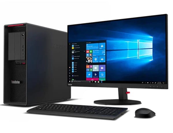 Lenovo ThinkStation P620 tower with monitor, keyboard, and mouse.