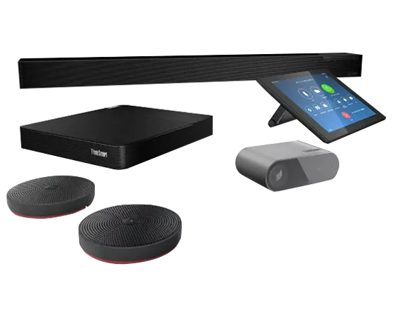 Lenovo ThinkSmart Core Full Room Kit for Zoom clockwise: Bar, Controller display, Cam, optional mic pods, and Core computing device.