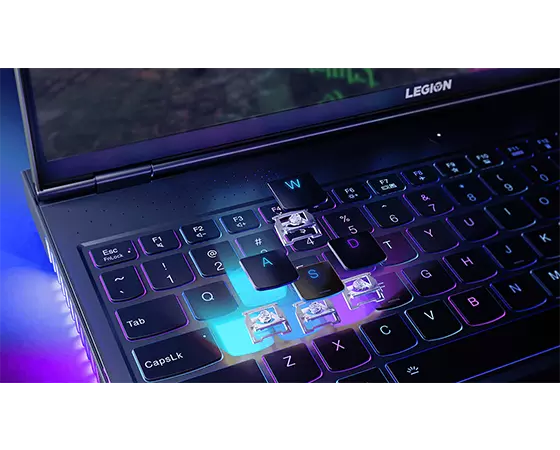 Legion 7i Gen 6 (16” Inte) closeup of True Strike keyboard switches with blue backlite