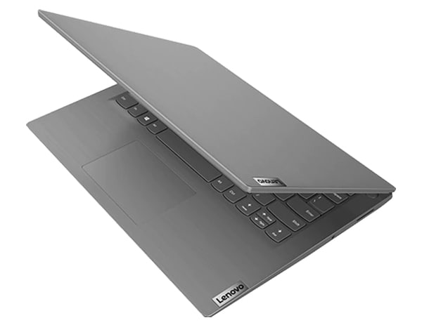 Lenovo V15 laptop – ¾ front left side from top, with lid partially open