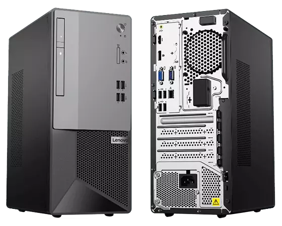 Two Lenovo V50t Gen 2 Tower PCs, one facing front and one back, with both angled slightly to show left side vents.