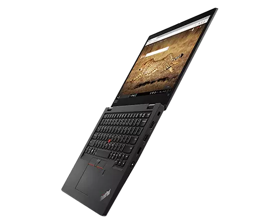 Right top angle view of the ThinkPad L13 Gen 2 (13'' AMD) laptop positioned at an angle and opened 180 degrees