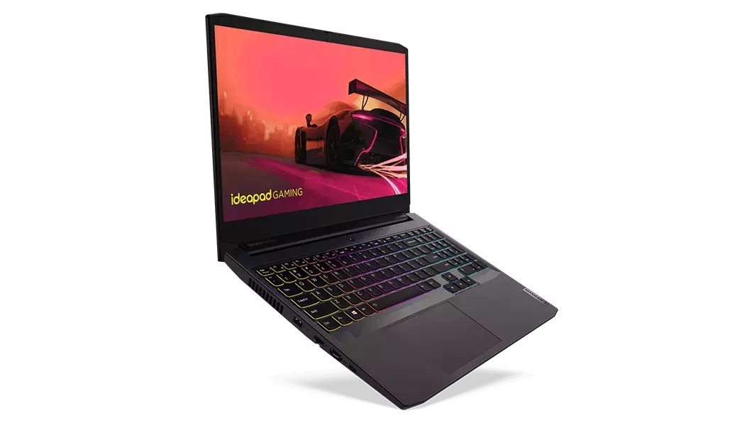 Lenovo IdeaPad Gaming 3 Gen 6 (15” AMD) laptop, top left view showing keyboard and display
