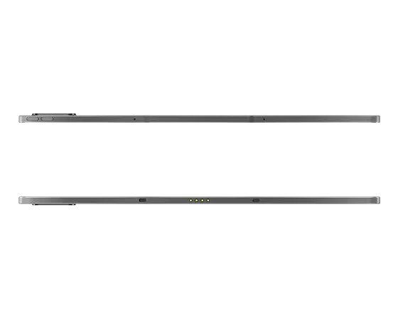 Vistas frontais diretas das margens direita e esquerda do Lenovo Tab P12 Pro, com apenas 5,63 mm de espessura.