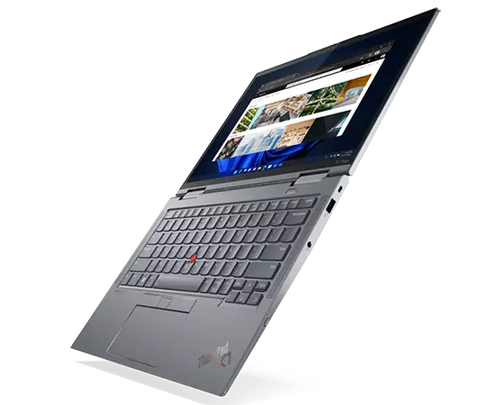 Lenovo ThinkPad X1 Yoga Gen 7 2-in-1 laptop open 180 degrees, positioned vertically and showing right-side ports.