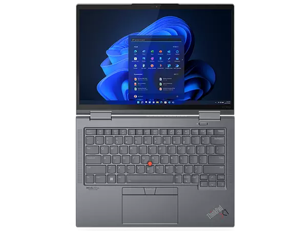 Vista dall'alto del notebook 2-in-1 Lenovo ThinkPad X1 Yoga di settima generazione aperto a 180° gradi con tastiera e schermo.