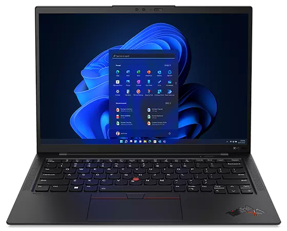 Ordinateur portable Lenovo ThinkPad X1 Carbon Gen 10 orienté vers l’avant avec Windows 11 Pro à l’écran.