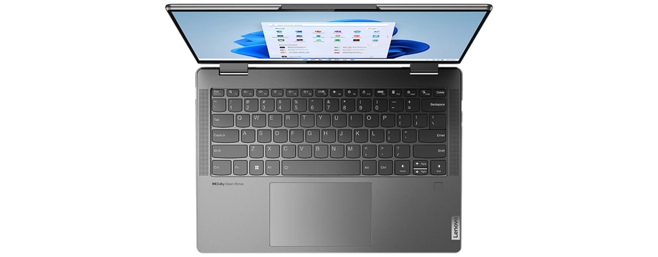 Bird’s eye view of Lenovo Yoga 7i Gen 7 (14” Intel) 2-in-1 multimode, opened, showing keyboard.