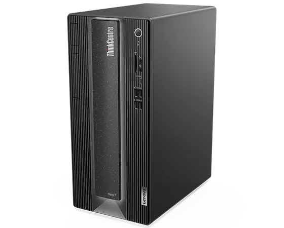 Front facing Lenovo ThinkCentre Neo 70t tower tilted to show top