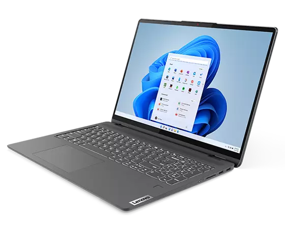 Lenovo IdeaPad Flex 5 Gen 7 (16” AMD) 2-in-1 laptop—¾ right view, laptop mode, lid open